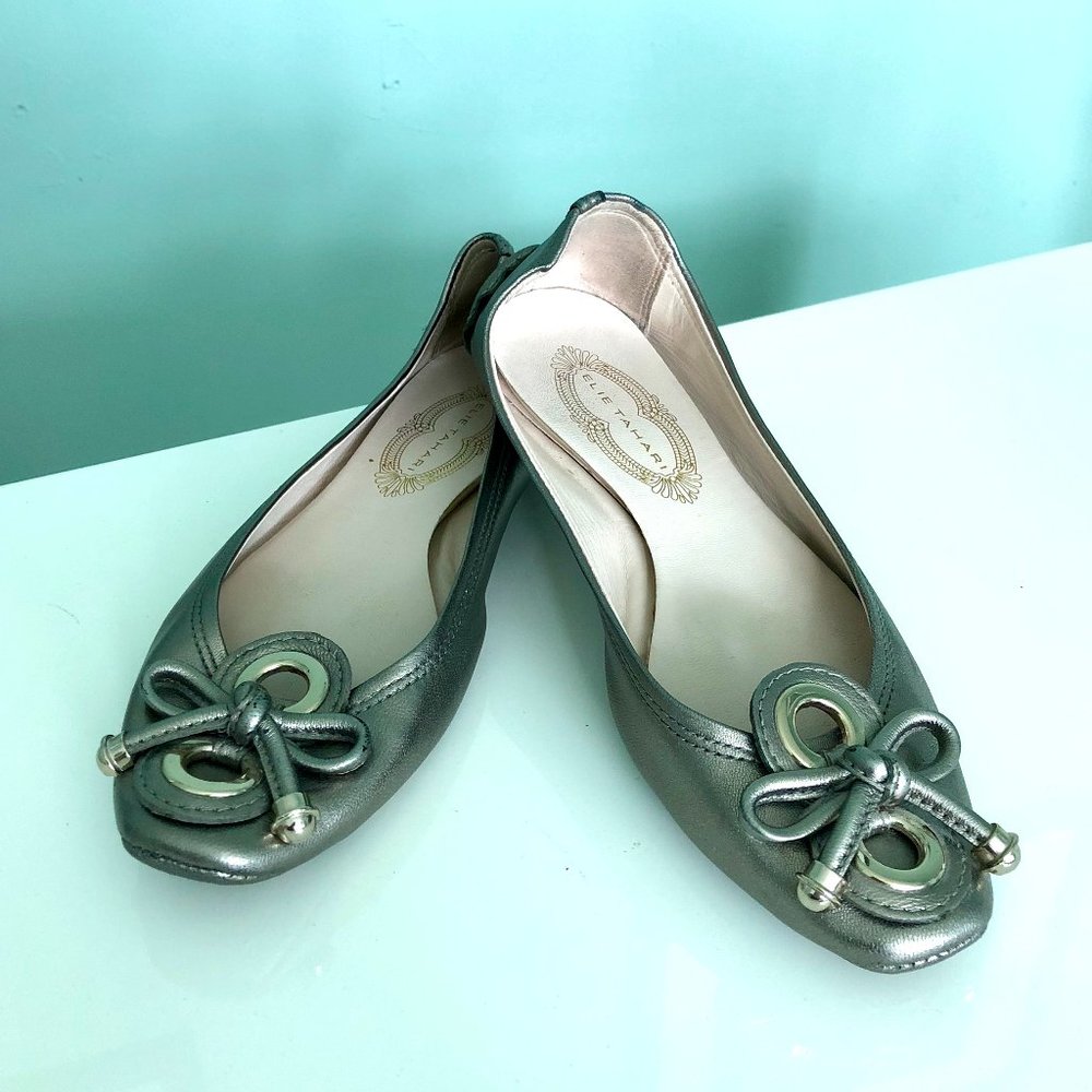 Elie Tahari Silver Leather Flats Shoes 7